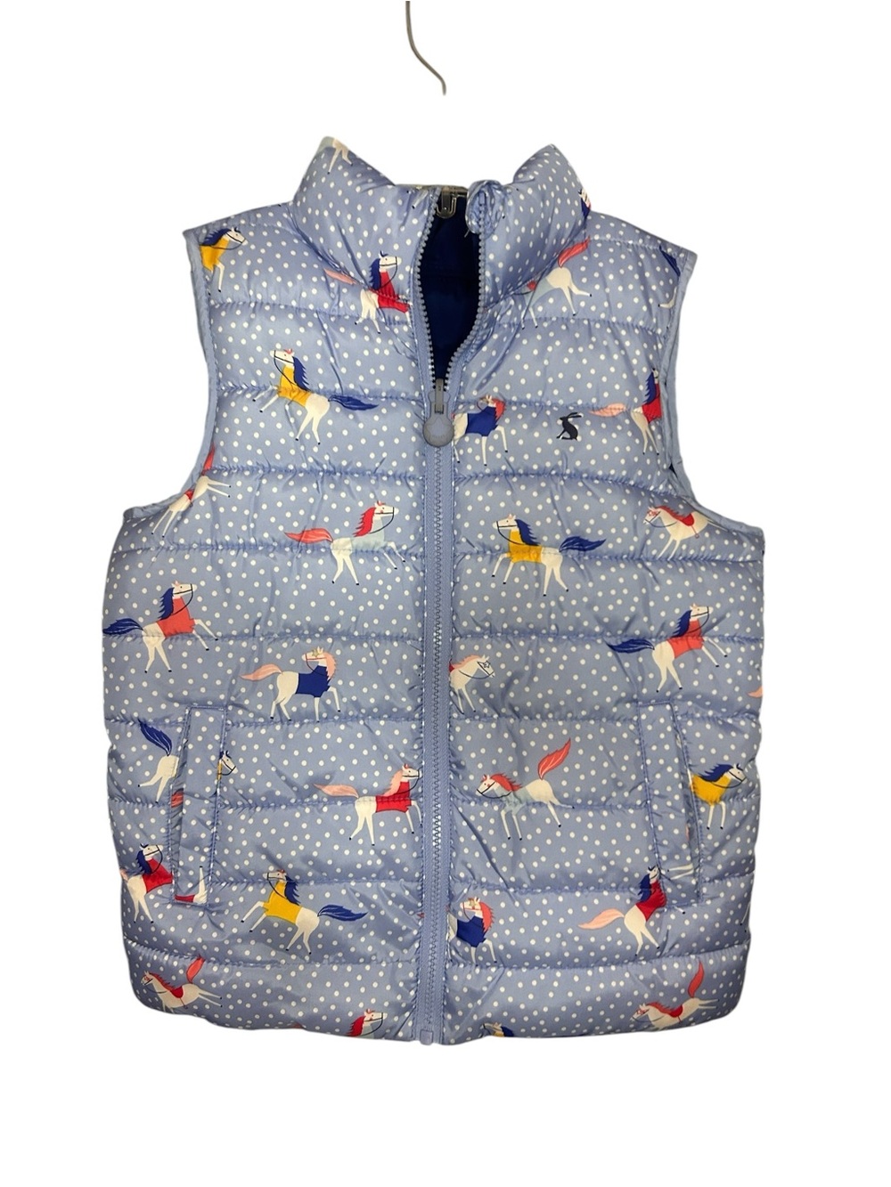 Joules Reversible Puffer Vest Girls Size 7-8Y Blue Polka Dot Horse Print
